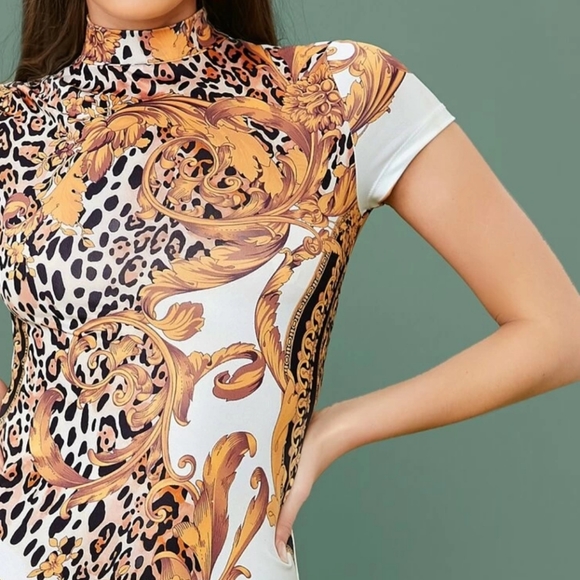 Elegant Multicolor Scarf Print Bodycon Dress - Picture 3 of 7